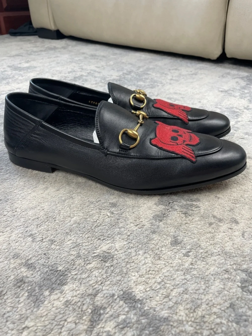 Gucci Black Leather Agnello Plonge Skull Wings Brixton Horsebit Loafers 11.5